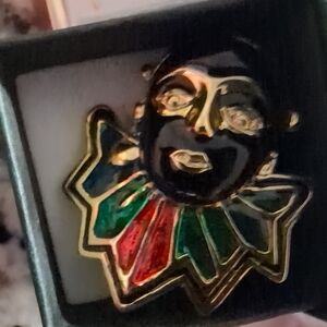 New Harlequin Victorian Clown Mask Pin Gold Tone, Red, and Green Enameled Brooch